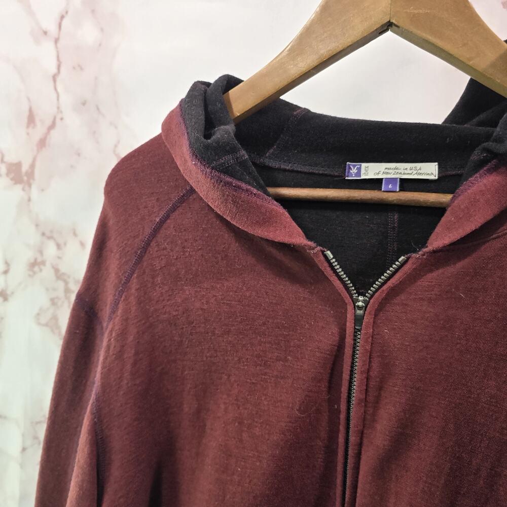 Ibex Hoodie Mens Large Red Zip Jacket Zip Merino Wool Maroon - Picture 2 of 14